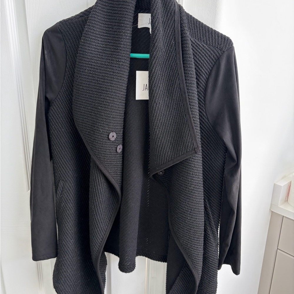 Jack by BB Dakota Black Draped Knit Jacket with Faux-Leather Sleeves